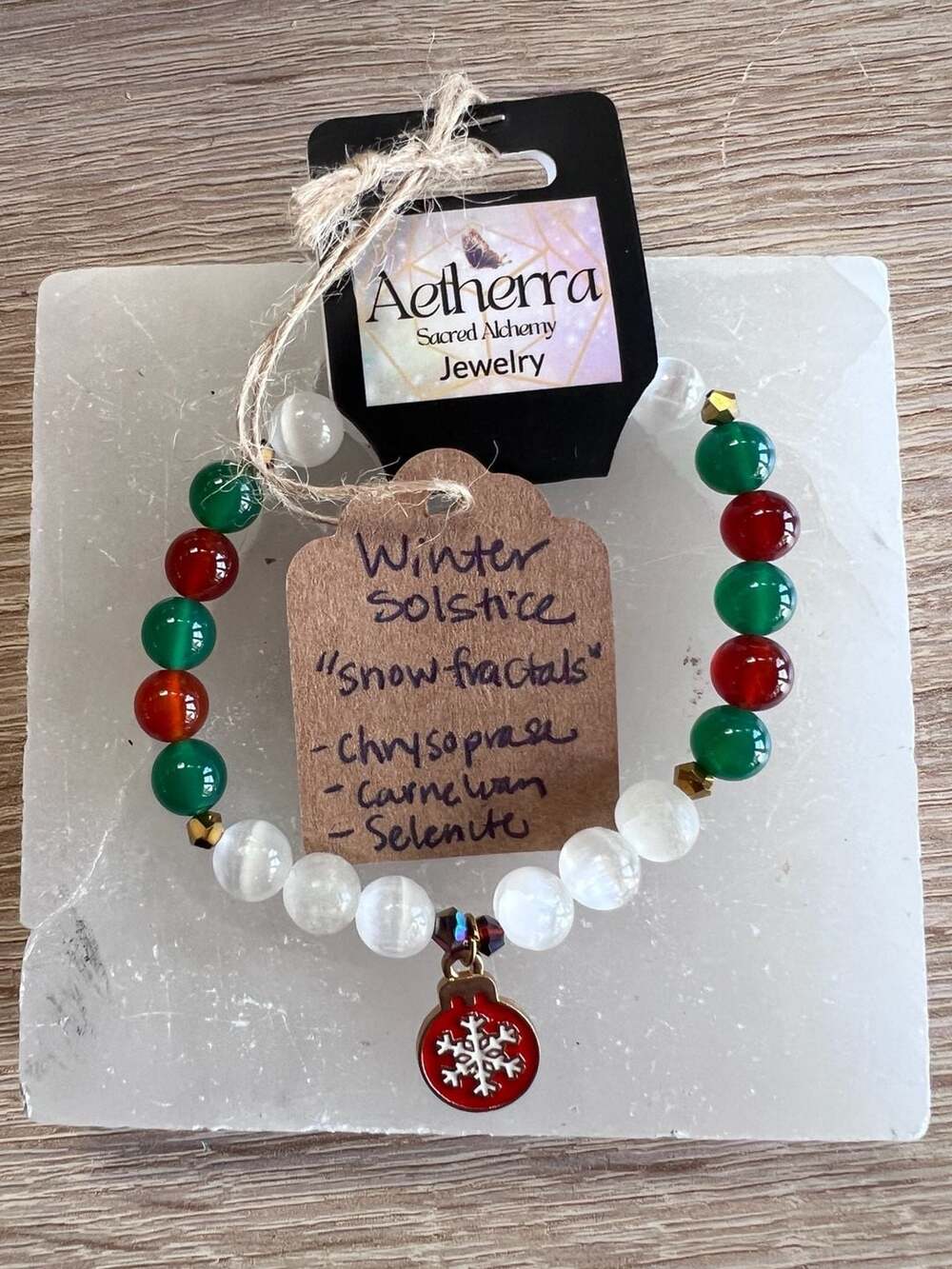 Winter Solstice Snow Fractals Chrysoprase Carnelian Selenite Beaded Bracelet